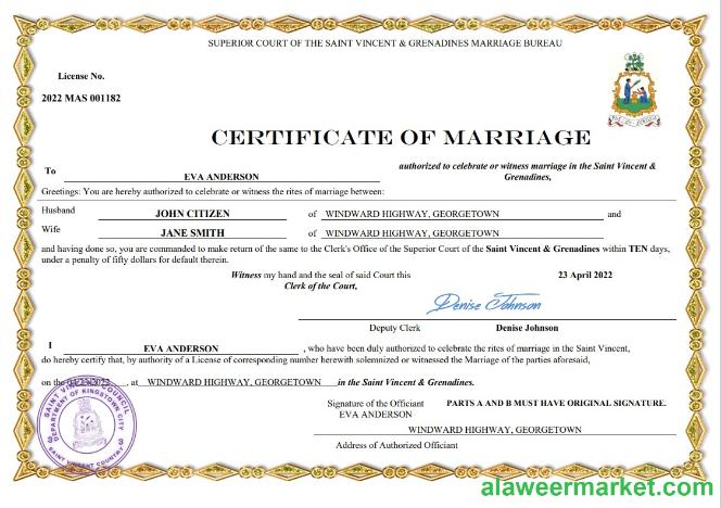 Saint Vincent and Grenadies marriage certificate Word and PDF template